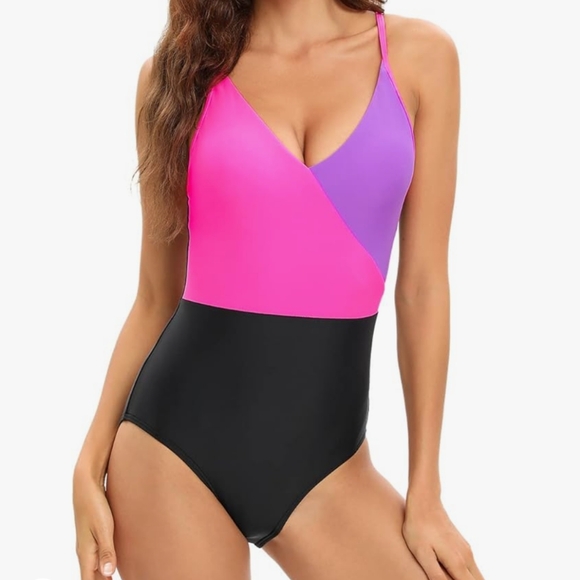Danga Bay one piece deep v neon pink swimsuit size large - Picture 1 of 11